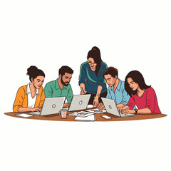 A diverse group of professionals collaborates intently around a table, using laptops and documents to achieve shared business objectives in a modern office space.