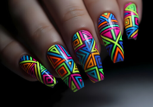 Close-up of a hand showcasing vibrant, geometric neon nail art with intricate triangular and square patterns in fluorescent colors against a dark background.