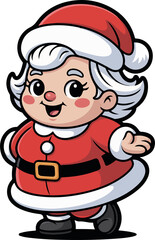 Cute cartoon Mrs. Claus in red festive dress and Santa hat with white hair and cheerful expression on transparent background
