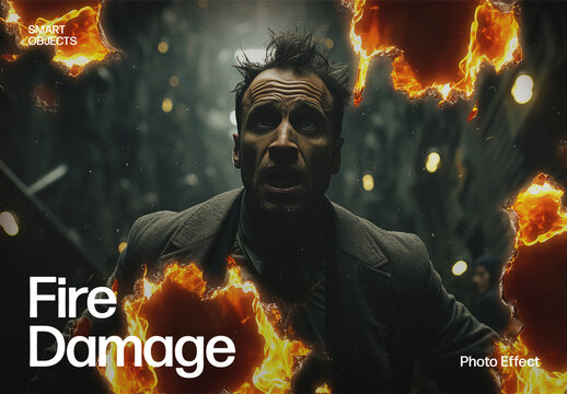 Fire Damage Photo Effect Template, Burnt Paper Flames Overlay