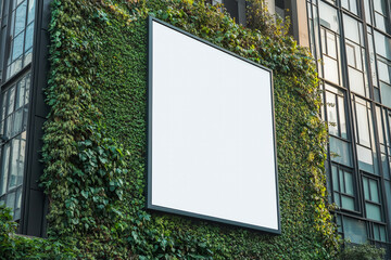 Blank billboard on a green wall of a modern building