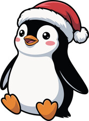 Cute cartoon penguin wearing red Santa hat with happy expression for Christmas and winter holiday themes on transparent background
