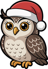 Cute cartoon owl wearing a red Santa hat for Christmas and winter holiday themes on transparent background