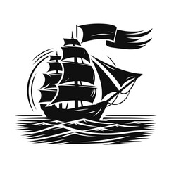 Black silhouette sailing ship in vintage style for nautical representation