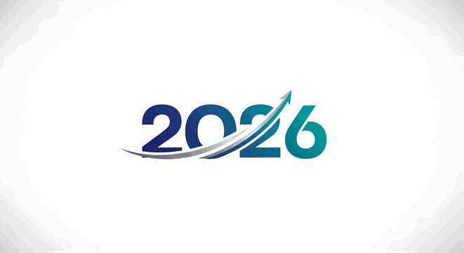 Dynamic 2026 logo with upward arrow signifying growth, progress, and future business success, perfect for marketing, finance, and corporate presentations