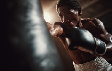 Focused boxer punches heavy bag