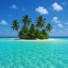 Obraz premium Small tropical island with palm trees in the middle of turquoise ocean water