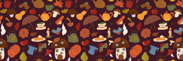 Cozy autumn seamless pattern of various hand drawn mushrooms, pumpkins, mugs, and books, on a dark burgundy background. Ideal for seasonal web banners, digital backgrounds, or fabric.