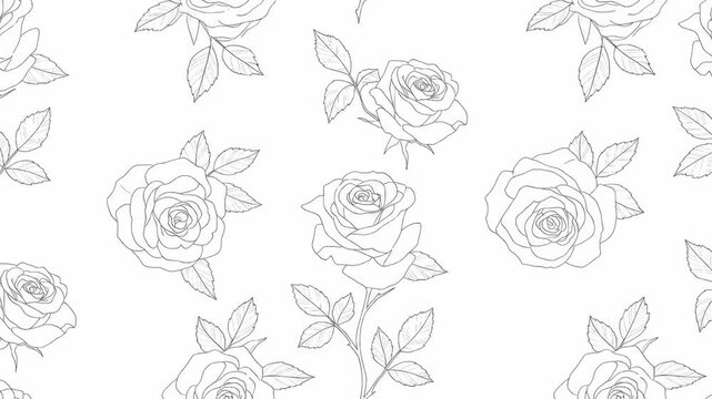 Elegant Rose Line Art Pattern - A seamless pattern featuring delicate line art roses and leaves on a white background.