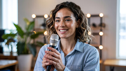 The woman smiles as she sets the mic in front of her