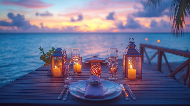 intimate seaside candlelit dinner for two on a wooden deck with lanterns and glowing candles at sunset, creating romantic atmosphere and warm holiday celebration - Powered by Adobe