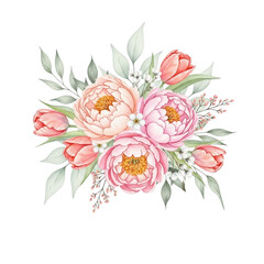 Watercolor bouquet of pink peonies and tulips isolated on transparent background