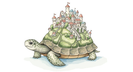 Obraz premium A fantastical illustration of a giant turtle carrying a medieval city on its shell, symbolizing slow and steady progress or a mobile home