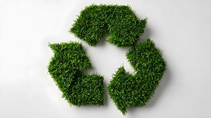 Green recycling symbol made of lush moss on a white background