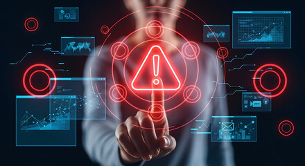 Person touching a glowing red warning sign surrounded by digital interface elements on a dark background