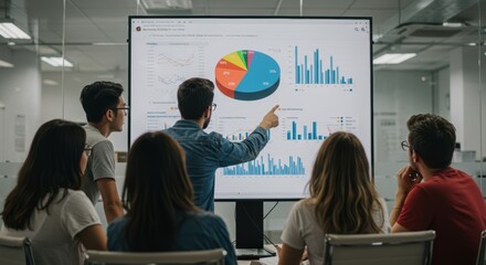 Diverse business team analyzes data charts graphs for success planning in a modern office environment promoting inclusion