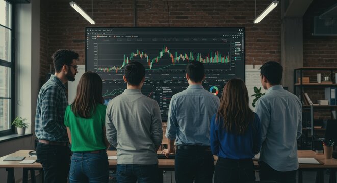 Business team collaborates analyzing stock market data on a large display in a modern office for strategic financial growth