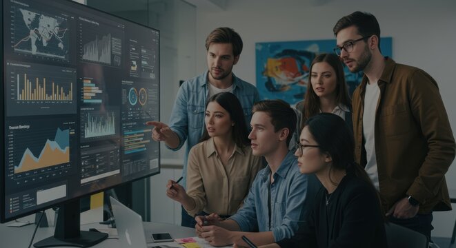 Diverse business team collaborates analyzing data charts fostering innovation and strategic planning in modern office