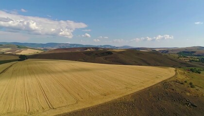Obraz premium Panoramic view of golden fields and hills