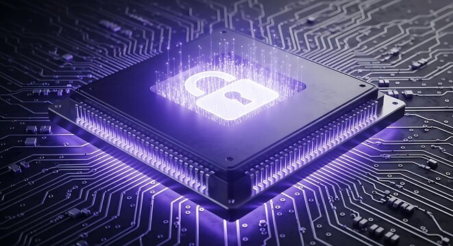 Glowing digital security padlock on microchip technology circuit board