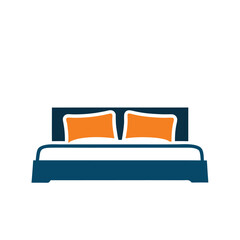 Modern Bed Icon with Orange Pillows and Blue Frame