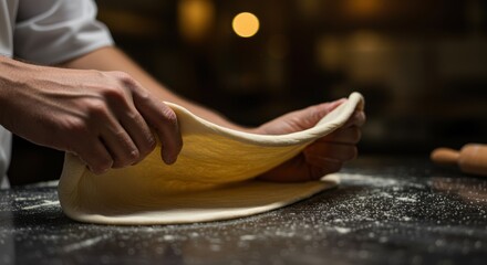 Chef prepares fresh pizza dough by hand showcasing traditional cooking skills and culinary expertise for authentic Italian cuisine