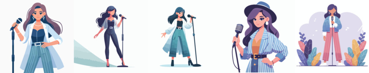 Female Pop Singer Vector Set – Stylish Women Vocalists with Microphone
