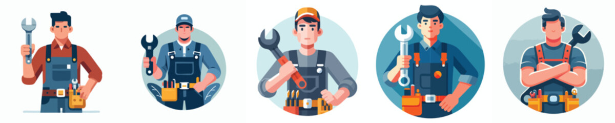 Male Technician and Mechanic Vector Illustration Pack – Workers with Tools and Wrenches