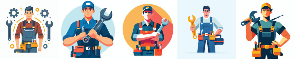 Mechanic and Technician Character Vector Illustration Set