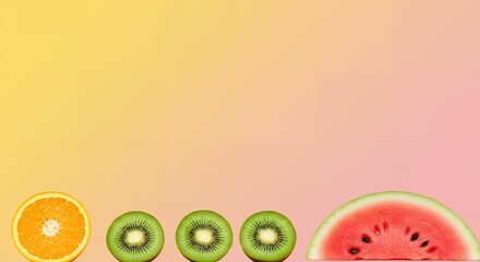 Freshly sliced fruit arranged in a row against a vibrant, colorful gradient background, showcasing healthy eating.