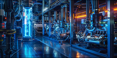 Futuristic Lab with Advanced Machinery and Blue Lights