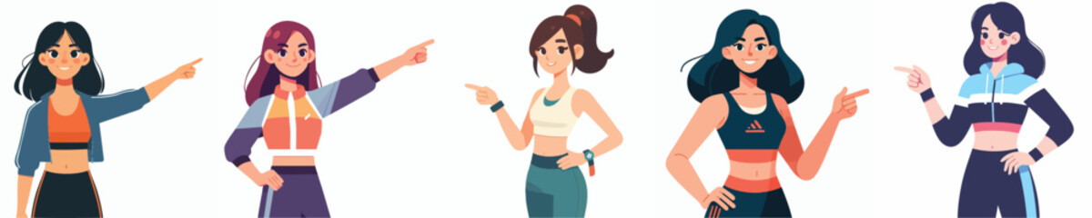 Active Sporty Women Illustration Set – Fitness Girls Pointing Pose