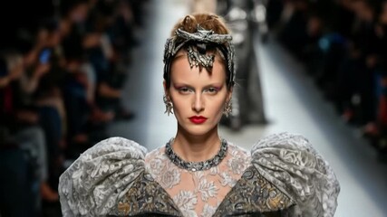 A high fashion model with dramatic makeup and an avant garde gown with puffy sleeves walks the runway at a prestigious fashion week show in paris or milan