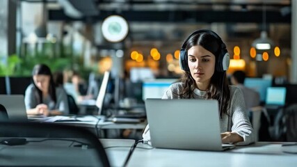 A young woman wearing headphones works on a laptop in a modern office environment. - Powered by Adobe