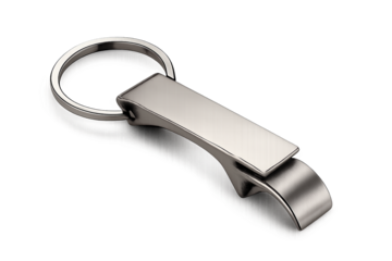 Minimalist silver bottle opener keychain with curved tip on transparent background