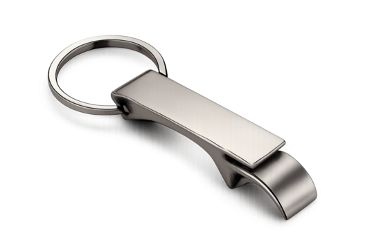 Minimalist silver bottle opener keychain with curved tip on transparent background