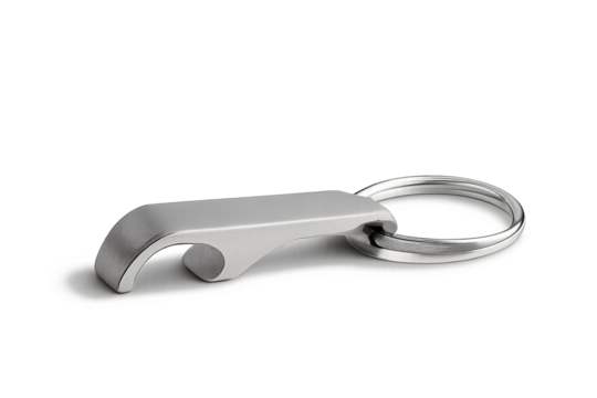 Silver flat curved bottle opener keychain with ring on transparent background
