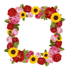 Fototapeta premium Square floral frame with roses and sunflowers isolated on transparent background