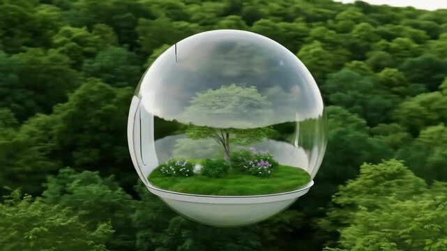 Futuristic Eco-Sphere Habitat Above Forest Canopy - A transparent spherical habitat containing a miniature ecosystem floats above a lush green forest canopy.