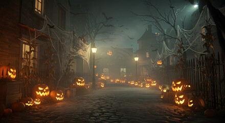 Halloween-decorated street at night with illuminated pumpkins and a spooky atmosphere