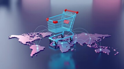International Shopping Neon Cart Highlighting Global Commerce