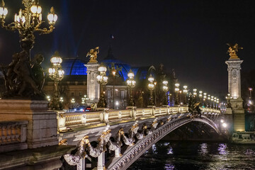 Obraz premium Bridge Alexander 3 in the evening The photo was taken late in the evening when the lights on the bridge were already on The home for the Invalides is visible in the background