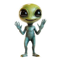 Smiling aliens waving greetings in a futuristic arrival scene isolated on a white transparent background