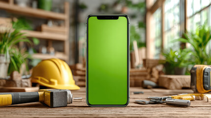 digital marketplace for building materials with flat lay of construction tools, smartphone, showing website interface for online shopping, modern e-commerce concept for renovation and trade