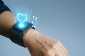 wearable blood pressure tech. A futuristic smartwatch displays heart rate data with a glowing heart graphic with copy space
