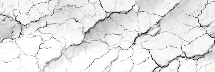 Obraz premium Abstract grayscale image depicting a cracked, veined surface resembling marble or dry earth, with thin, dark lines creating a complex network across a mostly light background