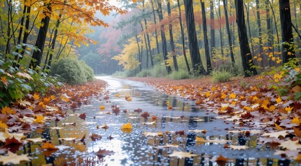 Winding dirt road with tall trees featuring rain washing autumn leaves, vibrant hues scattered on ground. Concept of rain washing autumn leaves, serene weather phenomenon ambiance.