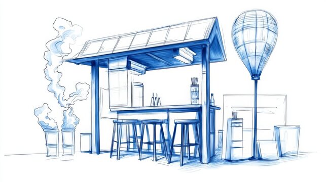 A vibrant sketch of a food stall with drinks and a balloon, capturing the essence of outdoor dining.
