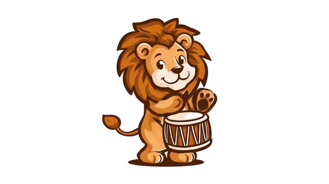 A cartoon lion, brown mane, stands facing right, drum in paws, smiling, thumbs up