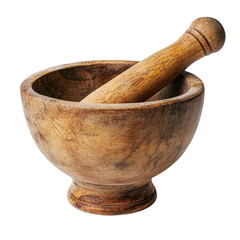 Traditional Wooden Mortar and Pestle for Cooking isolated on a white transparent background